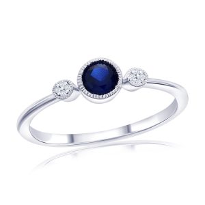 Sterling Silver, Lab-Grown Sapphire & Natural Diamond Ring - (9 Stones)