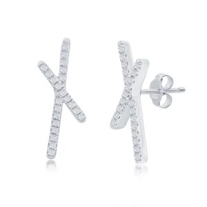 Sterling Silver, 'X' Design Diamond Studs - (44 Stones)