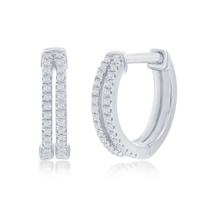 Sterling Silver, 13mm Double Row Huggie, Diamond Earrings - (60 Stones)