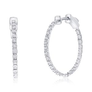 Sterling Silver, 26mm Inside-Outside Diamond Hoop Earrings - (48 Stones)