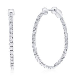 Sterling Silver, 32mm Inside-Outside Diamond Hoop Earrings - (66 Stones)