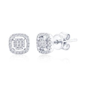 Sterling Silver, Square Halo Diamond Studs - (58 Stones)