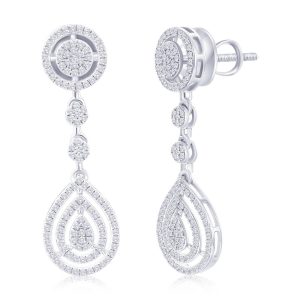 Sterling Silver, Round & Pearshaped Halo Diamond Earrings - (250 Stones)