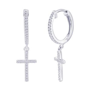 Sterling Silver, Cross Charm Diamond Huggies - (50 Stones)