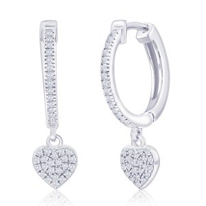 Sterling Silver, Heart Charm Diamond Huggies - (76 Stones)