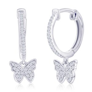 Sterling Silver, Butterfly Charm Diamond Huggies - (74 Stones)