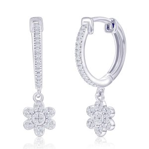 Sterling Silver Flower Charm Diamond Huggies - (74 Stones)