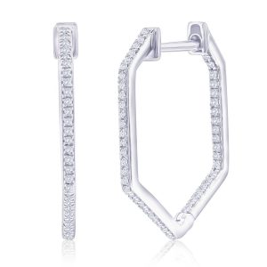 Sterling Silver, Geometric Diamond Hoop Earrings - (94 Stones)