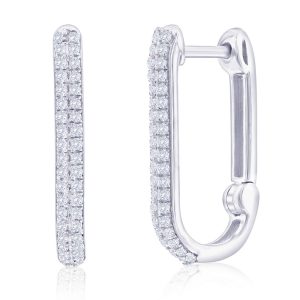 Sterling Silver, U-Shaped Diamond Hoop Earrings - (76 Stones)