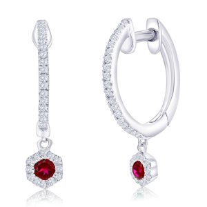 Sterling Silver, Lab-Grown Ruby Hexagon Charm & Natural Diamond Huggies - (64 Stones)