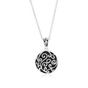 Sterling Silver, Oxidized Round Filigree Design Pendant w/Chain