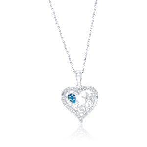 Sterling Silver, Outline Heart CZ w/Ocean Life and Blue Opal Turtle Pendant