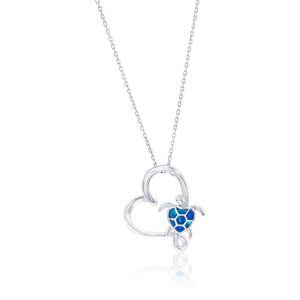Sterling Silver Open Heart w/Blue Opal Turtle Pendant