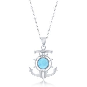 Sterling Silver Round Larimar Anchor Ship Wheel Pendant