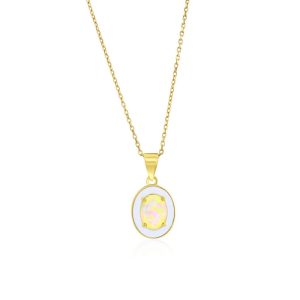 Sterling Silver White Opal & Enamel Oval Pendant - Gold Plated