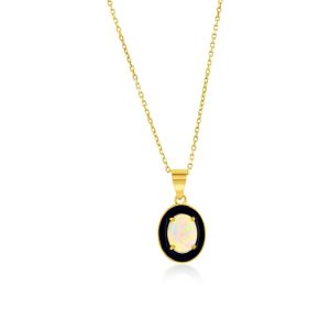 Sterling Silver White Opal & Black Enamel Oval Pendant - Gold Plated