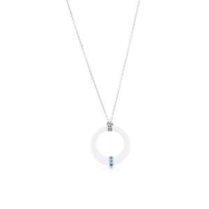Sterling Silver Round Gray Enamel Pendant w/Chain - Blue CZ