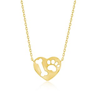 Sterling Silver Paw Print & Bone Cut-out Heart Necklace - Gold Plated