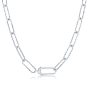 Sterling Silver, Alternating Rope Design & Polished Paperclip Necklace