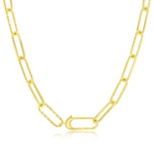 Sterling Silver, Alternating Rope Design & Polished Paperclip Necklace - Gold Plated