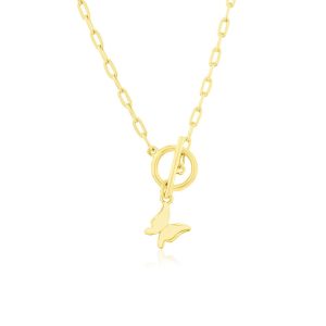 Sterling Silver Butterfly Charm Paperclip Toggle Necklace - Gold Plated