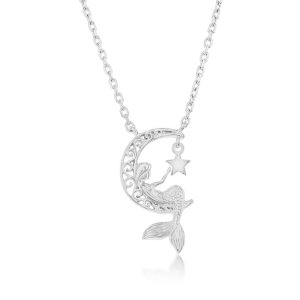 Sterling Silver Crescent Moon w/Mermaid, Star Charm Necklace
