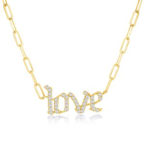 Sterling Silver 'Love' Paperclip Chain Necklace - Gold Plated