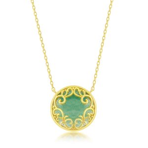 Sterling Silver Round Jade Filigree Design Necklace - Gold Plated
