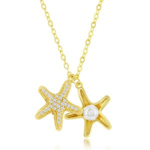 Sterling Silver, Double Starfish, FWP and CZ Necklace - Gold Plated
