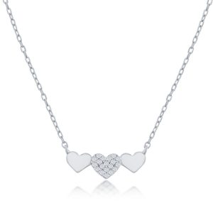 Sterling Silver Triple Heart CZ Bar Necklace