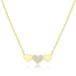 Sterling Silver Triple Heart CZ Bar Necklace - Gold Plated