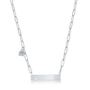 Sterling Silver, CZ Paperclip Bar Neckace - Paw Print Charm
