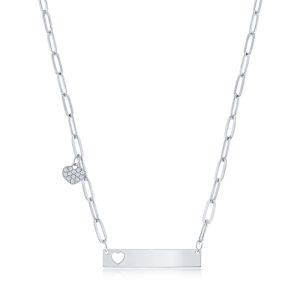 Sterling Silver, CZ Paperclip Bar Neckace - Heart Charm