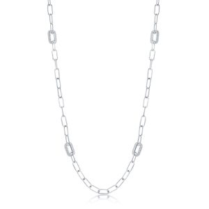 Sterling Silver Polished & Micro Pave CZ Paperclip Necklace