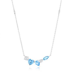Sterling Silver Multi-Shaped CZ Bar Necklace - Aqua
