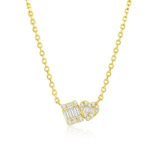 Sterling Silver Heart & Square Baguette CZ Necklace - Gold Plated