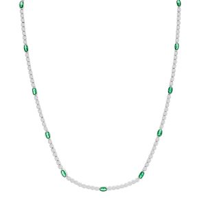 Sterling Silver Beaded Outline Oval & Round CZ Tennis Necklace - Emerald