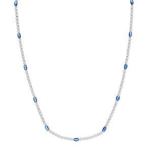 Sterling Silver Beaded Outline Oval & Round CZ Tennis Necklace - Sapphire