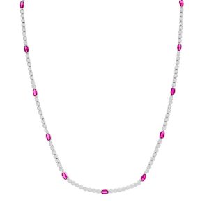 Sterling Silver Beaded Outline Oval & Round CZ Tennis Necklace - Ruby
