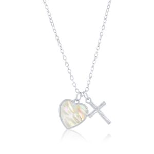 Sterling Silver, MOP Heart w/ CZ Cross Necklace
