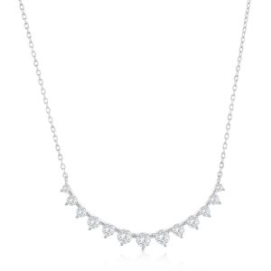 Sterling Silver, Graduating 3-Prong Curved Bar CZ Necklace
