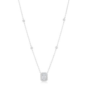 Sterling Silver Rectangle Baguette & Round Bezel-Set CZ Necklace