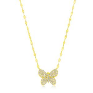 Sterling Silver Butterfly Pave CZ Mirror Chain Necklace - Gold Plated