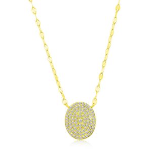 Sterling Silver Oval Pave CZ Mirror Chain Necklace - Gold Plated