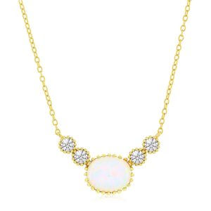 Sterling Silve, Oval White Opal & Round CZ Beaded Outline Necklace - Gold Plated