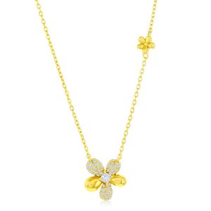 Sterling Silver, Polished & CZ Flower Necklace - Gold Plated