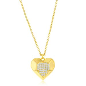 Sterling Silver, Center Pave CZ Heart Necklace - Gold Plated