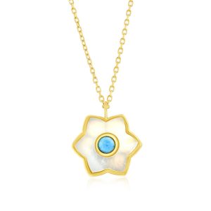 Sterling Silver, Larimar & MOP Flower Necklace - Gold Plated