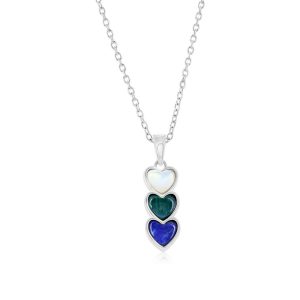Sterling Silver, MOP, Lapis, Malachite, Triple Heart Necklace