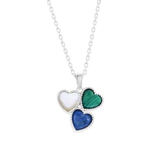Sterling Silver, MOP, Lapis, Malachite, Triple Cluster Heart Necklace